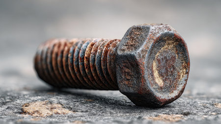 This image features a close-up of a rusty metal bolt resting on a weathered surface, showcasing intricate details and the beauty of decay.の素材