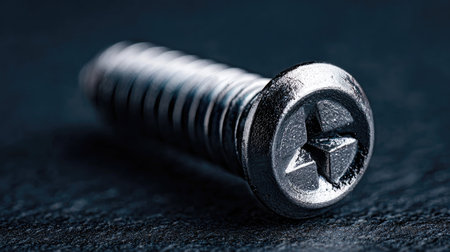This close-up image features a single metal screw on a dark background, showcasing its intricate threading and unique head design, ideal for industrial or mechanical themes.の素材