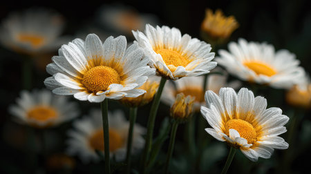 This captivating close-up image features vibrant white and yellow daisies in a natural outdoor setting. The soft bokeh background adds a peaceful and artistic touch.の素材