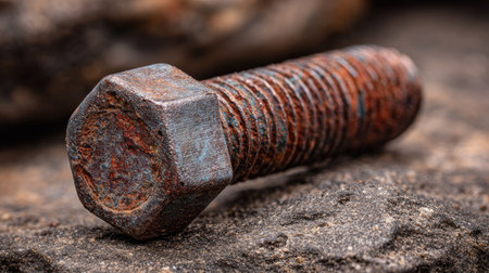 A close-up image of a rusty metal bolt lying on a rough stone surface, showcasing natural textures and the beauty of weathered materials.の素材