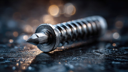 This close-up image showcases a metallic screw with intricate details, reflecting light beautifully against a blurred bokeh background, ideal for industrial themes.の素材
