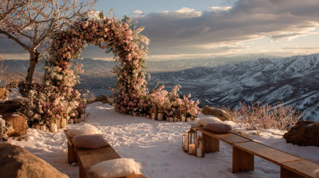 This enchanting winter wedding setup features a stunning floral arch, cozy seating, and soft candlelight amidst breathtaking snow-covered mountains.の素材