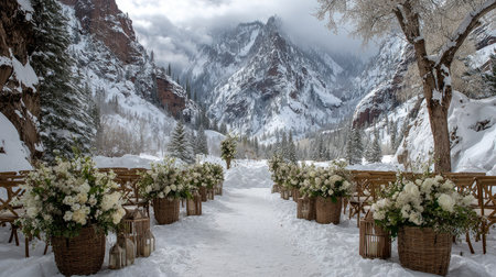 A stunning winter wedding scene featuring a beautiful ceremony setup in the snow, surrounded by breathtaking mountain views and elegant floral arrangements.の素材