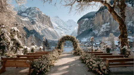 A breathtaking winter wedding venue featuring a floral arch surrounded by majestic snow-covered mountains, offering a serene and romantic setting for couples.の素材