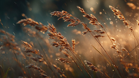 A breathtaking view of grass blades illuminated by soft golden sunlight, capturing the glistening dew droplets. This serene morning scene evokes peace in nature's beauty.の素材
