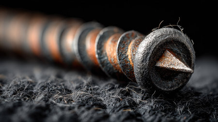 This macro image captures a rusty steel screw against a textured black fabric, showcasing intricate details of metal corrosion and surface texture.の素材