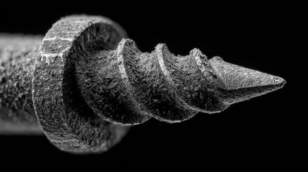 This detailed close-up image showcases a spiral screw with intricate textures and a sharp point, set against a black background, ideal for industrial design themes.の素材
