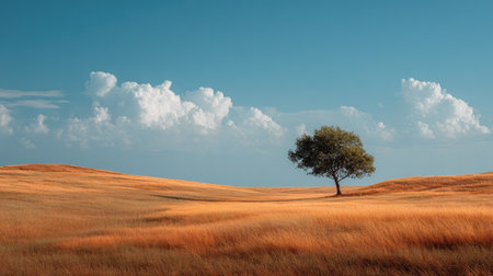 A breathtaking landscape showcasing an isolated tree on a golden field under a bright blue sky filled with fluffy clouds. Perfect for nature enthusiasts.の素材