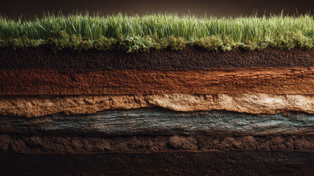A cross-sectional view showcasing the layers of earth, including grass, soil, and organic material. This image highlights the textures, colors, and the interconnectivity of various natural elements, essential for understanding ecosystems and agriculture.の素材