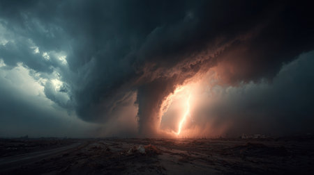 A striking scene of a tornado accompanied by a lightning bolt amidst a dark and foreboding sky captures the raw power of nature.の素材