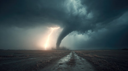 A striking image captures a tornado forming in a tumultuous sky, highlighted by a bolt of lightning, showcasing the raw power of nature and extreme weather.の素材