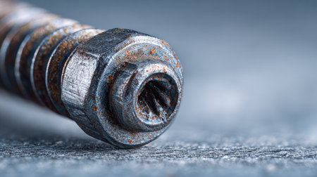 This close-up image showcases a rusty metal bolt with detailed threading, highlighting the characteristic wear and tear of industrial equipment. Perfect for engineering themes.の素材