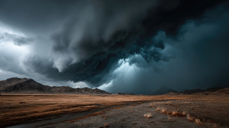 Captivating view of dramatic storm clouds looming over rugged mountains, casting deep shadows on arid terrain. Light rays pierce through, creating an atmospheric scene.の素材