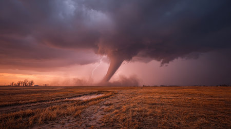 A stunning view of a tornado forming in an open field at sunset, showcasing the dramatic interaction between dark clouds and lightning.の素材