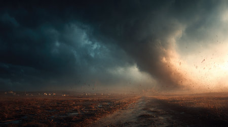 A powerful tornado forms against a backdrop of dark, swirling clouds in a rural landscape, illustrating nature's fierce beauty and unpredictable power.の素材