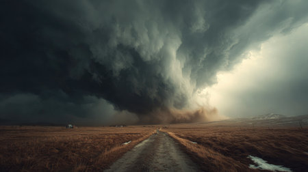 A breathtaking view of dark, swirling storm clouds looming over a deserted road, emphasizing the raw power of nature and the beauty of impending weather.の素材