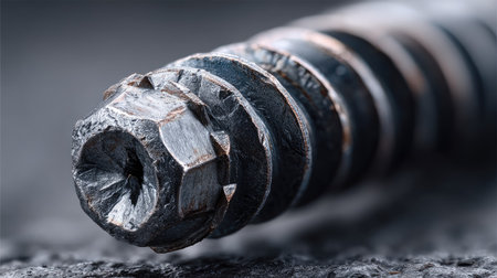 This close-up image showcases a metal screw featuring sharp threads and intricate textures, set against a dark background. Ideal for industrial themes.の素材