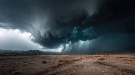 A captivating view of an expansive desert landscape under a dramatic sky filled with imposing storm clouds. The atmospheric tension captures the beauty of nature.の素材