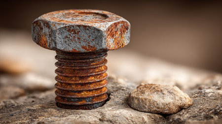 This image features a close-up view of a rusty metal bolt resting on a rough stone surface, showcasing intricate textures and industrial charm.の素材