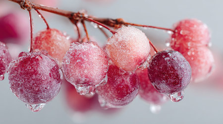 This stunning close-up image captures frosted berries glistening with droplets on a delicate branch, set against a soft background. Perfect for showcasing nature's beauty.の素材