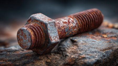 This image captures an old rusty bolt resting on a rugged surface, illustrating the beauty of decay and the passage of time in industrial settings.の素材