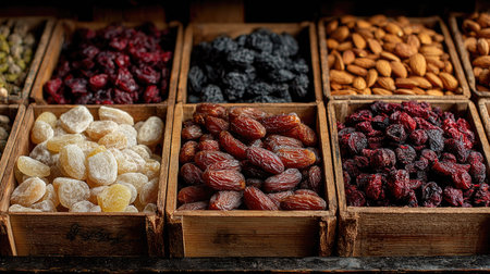 A vibrant display of various dried fruits and nuts showcased in rustic wooden boxes. Ideal for healthy snacking or enhancing culinary creations, this assortment exemplifies natural sweetness and flavor in a beautiful market setting.の素材