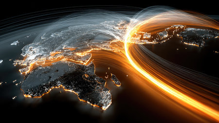 An abstract view of a illuminated world map depicting global connectivity with vibrant trails symbolizing data transfer and network interactions.の素材