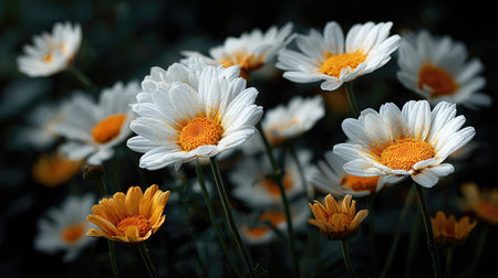 A stunning close-up of vibrant white and yellow daisies blooming in a lush green garden, capturing the beauty and tranquility of nature in soft natural light.の素材
