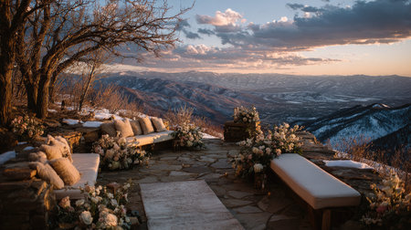 A breathtaking outdoor wedding setup featuring plush seating, floral accents, and stunning mountain views at sunset, radiating romance and tranquility.の素材