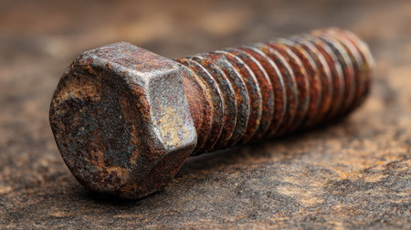 A close-up image of a rusty metal bolt showcasing its unique textures and color variations against a rustic surface, highlighting industrial elements.の素材