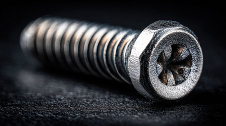 A striking close-up image of a single metallic screw with detailed threads and shiny surface, highlighting its design and industrial utility.の素材