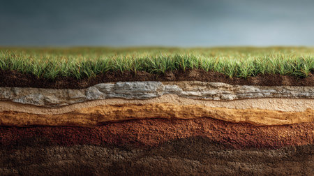 This image showcases a cross-section of soil layers, with grass on the surface and various strata visible below, ideal for educational purposes and environmental studies.の素材