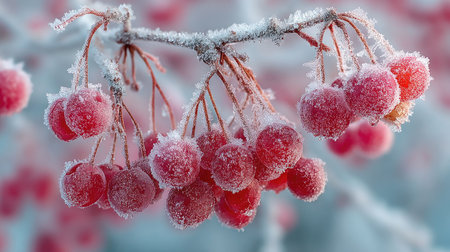 Frosted red berries hang from a branch, covered in ice and snow, creating a stunning winter scene filled with beauty and tranquility.の素材