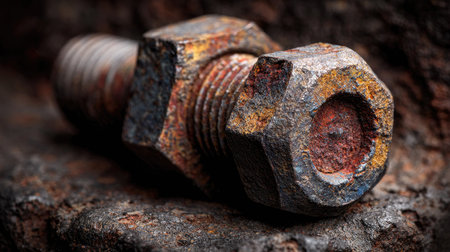 A close-up view of a rusty bolt and nut resting on a rough surface, showcasing the details of corrosion and wear, perfect for industrial themes.の素材