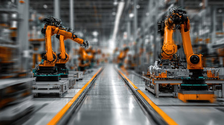 This image showcases advanced robotic arms in a modern manufacturing facility, illustrating the blend of efficiency and precision in industrial automation processes.の素材