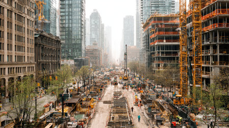 This image captures a vibrant construction site in a bustling urban landscape, showcasing modern skyscrapers and active machinery amid ongoing development.の素材