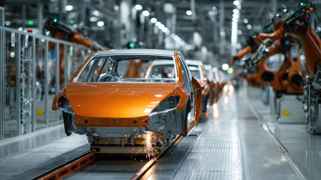 An intricate view of a modern automotive manufacturing facility showcasing orange car bodies on the assembly line, enhanced by robotic precision and automation.の素材