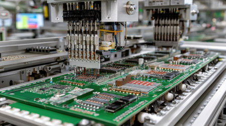 This image showcases an advanced robotic assembly process in a factory, highlighting precision machinery working on electronic circuit boards. The scene emphasizes the blend of technology and automation in modern manufacturing, reflecting efficiency and innovation.の素材