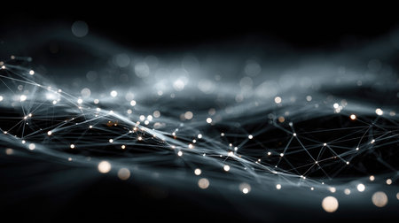 This abstract image features intricate network connections illuminated by light against a dark backdrop, symbolizing data flow and technological innovation.の素材