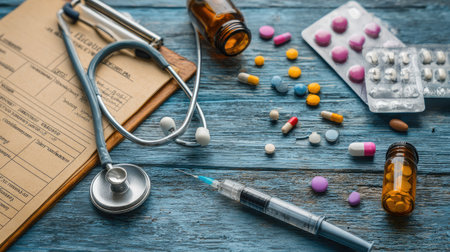 A variety of medical supplies are displayed on a textured wooden table, including a stethoscope, syringe, prescription pad, and an assortment of colorful pills.の素材