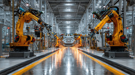 A view of a high-tech manufacturing facility featuring advanced robotic arms engaged in automated assembly processes, highlighting modern innovations in industrial automation.の素材