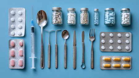 This vibrant image displays an organized collection of medical supplies, including pills, syringes, and laboratory tools on a blue background, ideal for health topics.の素材