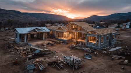 A breathtaking view of a construction site at sunset, showcasing a framed house amidst a scenic mountain landscape, emphasizing progress and development.の素材