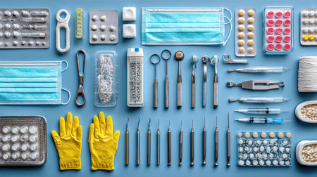 A detailed flat lay composition of various medical tools, surgical instruments, gloves, and masks arranged neatly on a blue background for healthcare settings.の素材