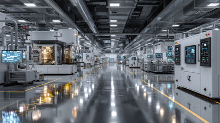 This image depicts a modern industrial manufacturing facility featuring advanced machinery, digital controls, and a clean floor space, illustrating the future of production.の素材