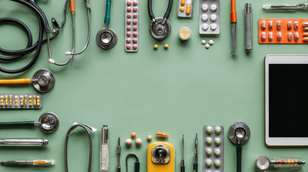 A collection of medical supplies and equipment is displayed on a green background. Features include stethoscopes, syringes, tablets, and a digital device.の素材