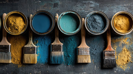 A beautiful arrangement of paint cans and brushes showcases a spectrum of vibrant colors on a dark surface, ideal for creative inspiration and artistic projects.の素材