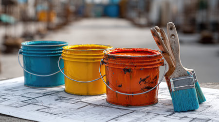 Three colorful paint buckets in blue, yellow, and orange are arranged with brushes on architectural blueprints, set against an outdoor backdrop.の素材