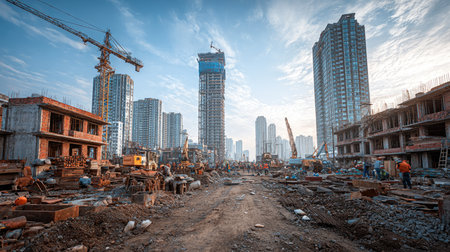 A bustling construction site featuring workers and cranes amidst towering skyscrapers, showcasing urban development in progress under a bright blue sky.の素材
