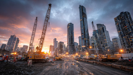 Dynamic urban construction site at sunset featuring cranes and machinery, showcasing the progress of city development against a dramatic skyline.の素材